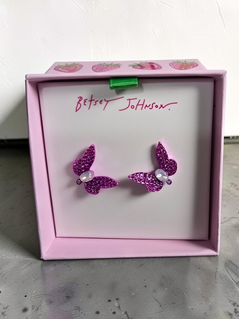 Betsey Johnson pink butterfly stud earrings NIB